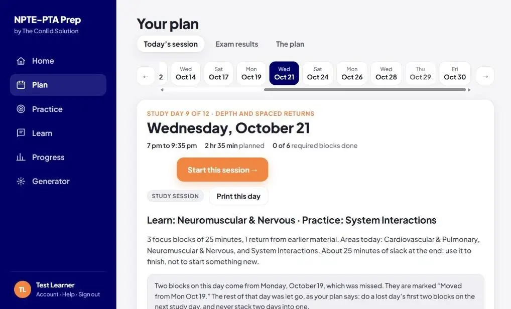 NPTE-PTA Prep app plan screen