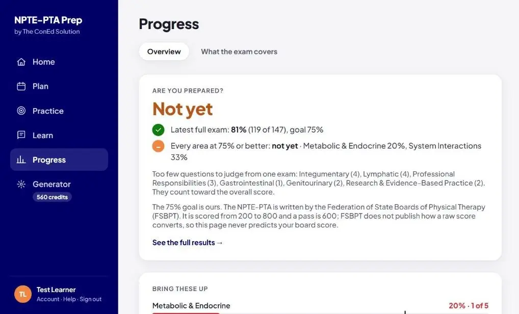 NPTE-PTA Prep app progress screen